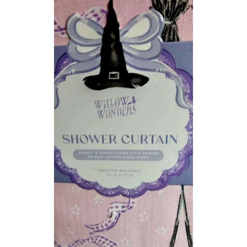 Willow Wonders Pink Halloween Witch Shower Curtain Bows Brooms 72x72 New